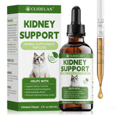 Clidelan Cat Kidney Support bottle shows herbal formula promoting kidney wellness and hydration.
