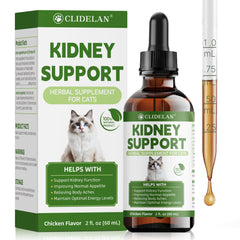 Clidelan Cat Kidney Support bottle shows herbal formula promoting kidney wellness and hydration.