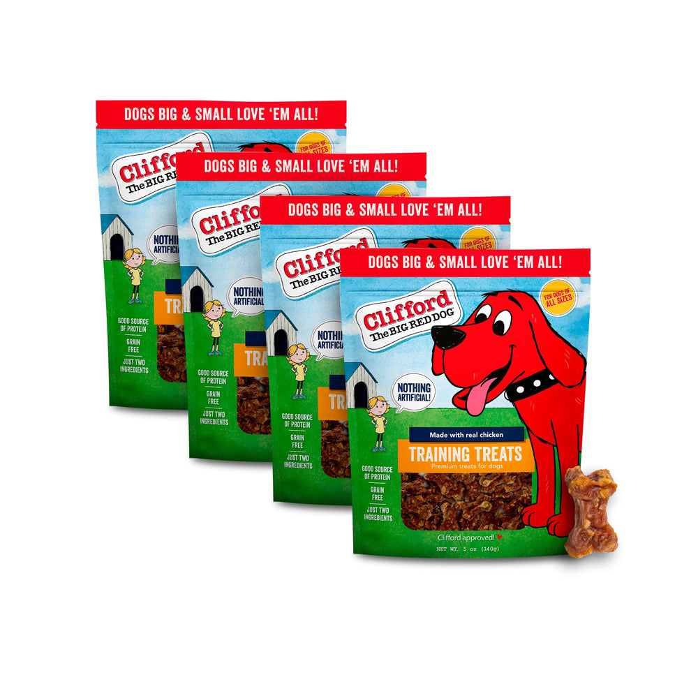 Clifford The Big Red Dog Soft Training Treats packfront shows grain-free, protein-rich puppy reward.