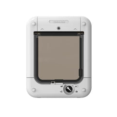 Closer Pets Cat Mate flap microchip reader demonstrating automated access with ISO/AVID chips.