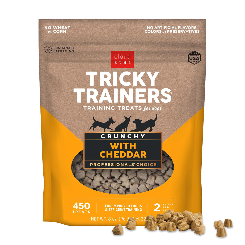 Cloud Star Tricky Trainers cheddar crunchy treats in bag for training.