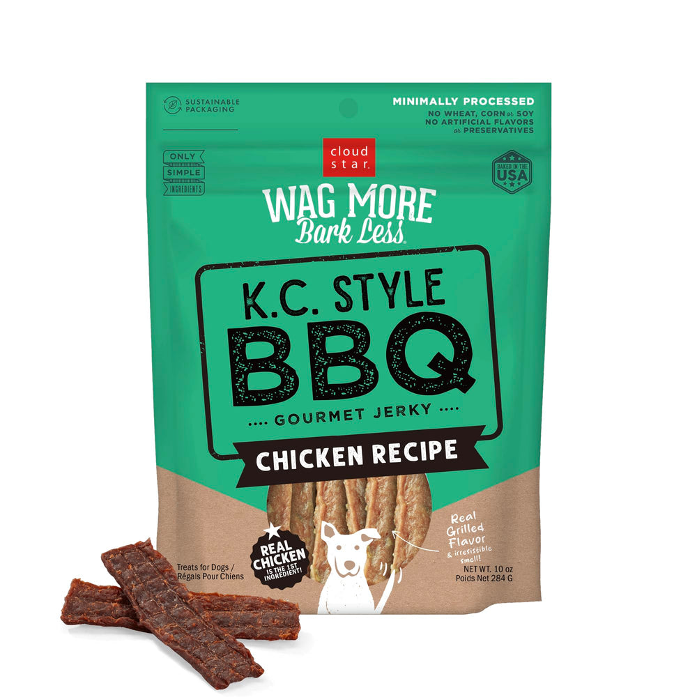 Cloud Star Wag More Bark Less jerky pack shot highlights KC BBQ chicken treats.