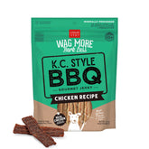 Cloud Star Wag More Bark Less jerky pack shot highlights KC BBQ chicken treats.