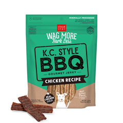 Cloud Star Wag More Bark Less jerky pack shot highlights KC BBQ chicken treats.