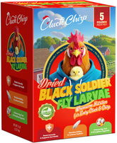 Cluck Chirp dried BSFL larvae pack, protein-rich poultry treat for backyard flocks.