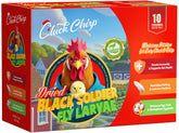 Cluck Chirp dried BSFL larvae box open showing premium high-protein poultry treats.