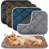 Clysee self-heating pet mat with fluffy fabric on sofa enhances cozy warmth.