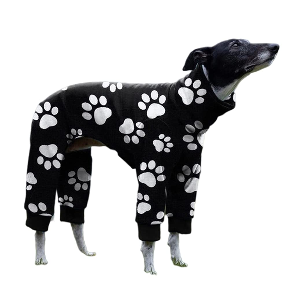 Cnkwei dog pajamas with paw print design on greyhound, cozy all-season sleepwear for dogs, great for chilly nights.