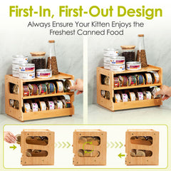 Coanto cat food can organizer FIFO system rotates cans for easy freshness.