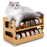 Coanto upgraded cat food organizer bamboo 2-tier keeps 3oz cans neatly stacked.