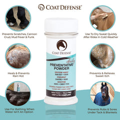 COAT DEFENSE powder applied to horse coat for a fresh, dry look.