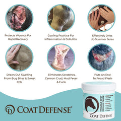 COAT DEFENSE Trouble Spot Drying Paste applied to a horse's skin for scratches and irritation.