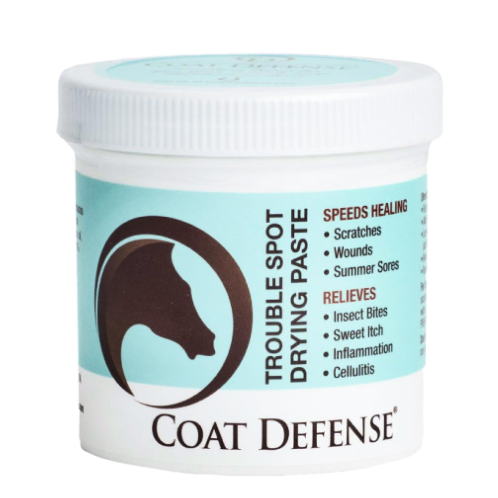 COAT DEFENSE Trouble Spot Drying Paste tube closeup shows quick-drying wound care and insect barrier.