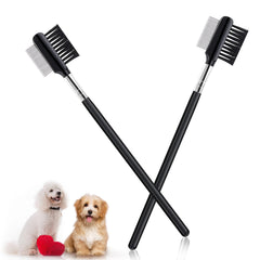 Cobee double-head grooming comb for dogs in use around the eye area for stain removal
