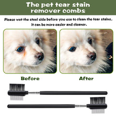 Cobee tear-stain comb with steel side close-up demonstrates rust-resistant durability