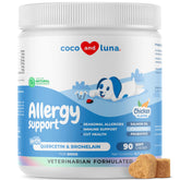 Coco and Luna dog allergy chews bottle supports seasonal itching relief and immune wellness.