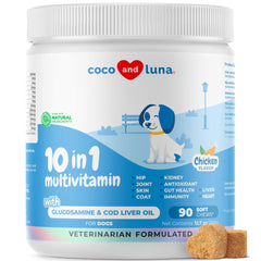 Coco and Luna dog multivitamin bottle closeup supports digestion and immune health.