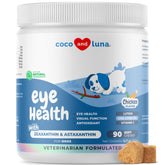 Coco and Luna eye health dog soft chews bottle showing packaging for daily support.