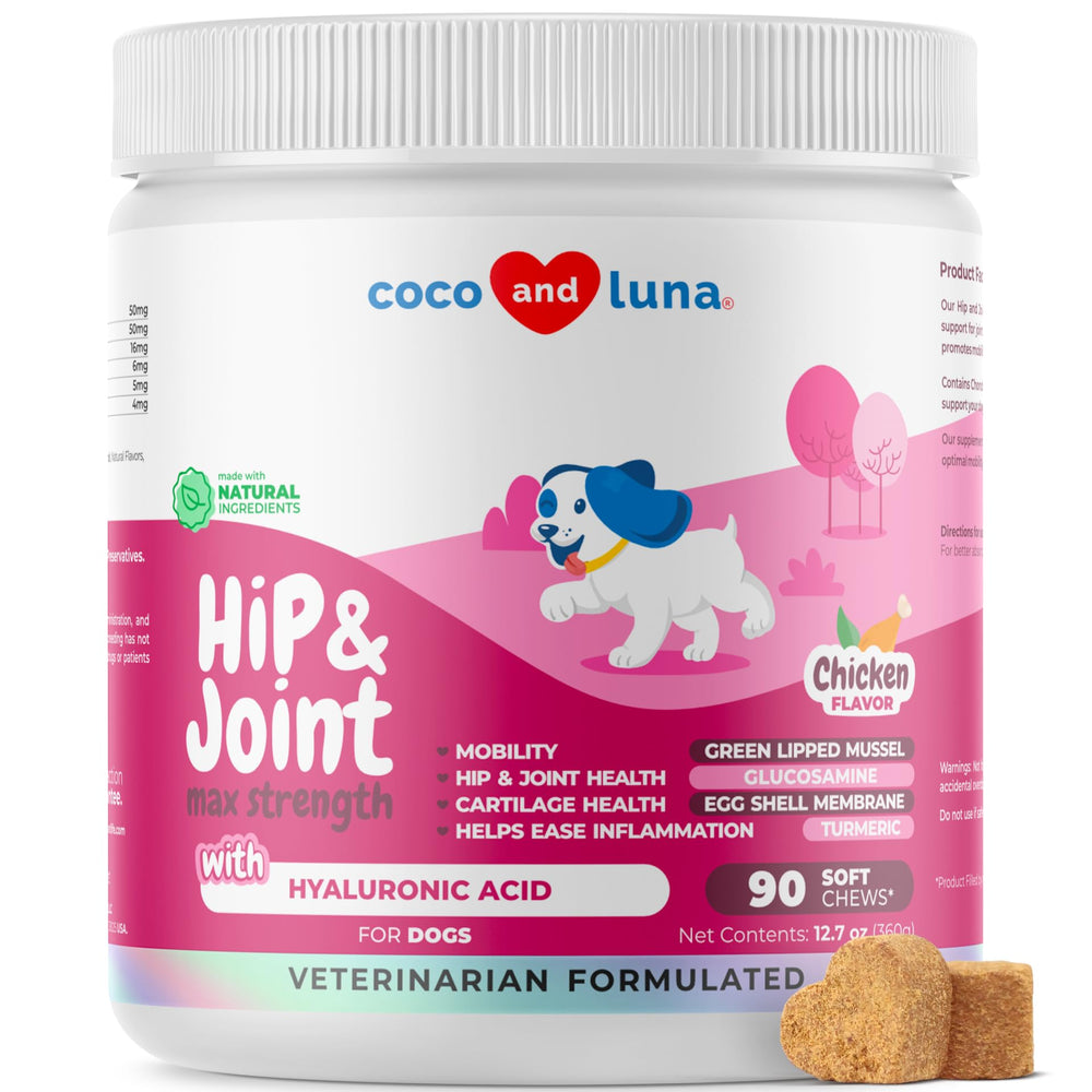 Coco and Luna hip joint soft chews bottle shows convenient daily support for active dogs.