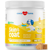 Coco and Luna Omega-3 dog bottle close-up highlighting coat health benefits.