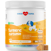Coco and Luna turmeric dog soft chews bottle highlighting joint support for active dogs.