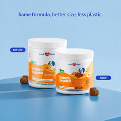 Coco and Luna turmeric dog chews packaging emphasizes natural ingredients and quality manufacturing.