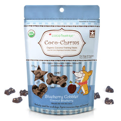 Cocotherapy Coco-Charms Blueberry Cobbler packaging shows resealable bags for easy training rewards