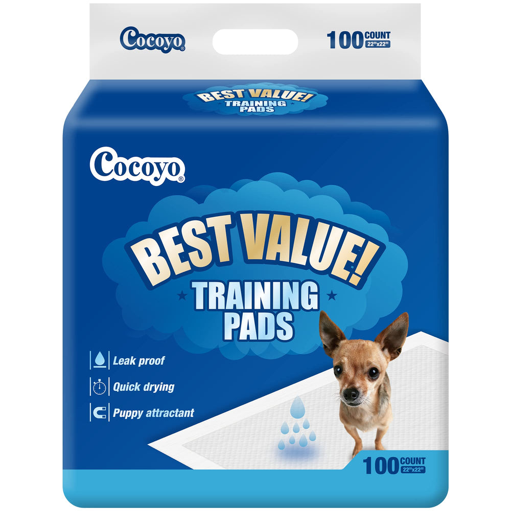 COCOYO Best Value Training Pads 22x22 box, quick-drying surface for puppy training.