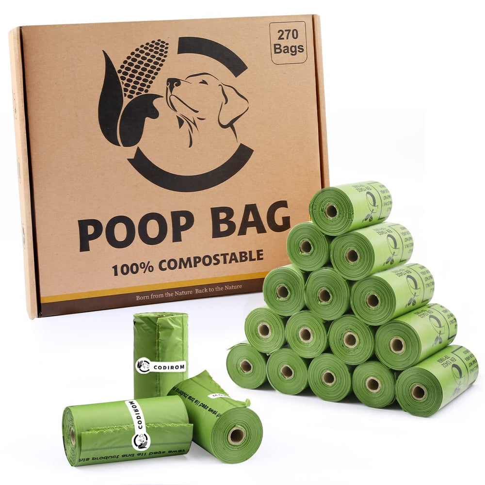 Codirom compostable poop bags packaging 270-count provide long-lasting supply for frequent walkers.