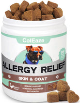 ColEaze dog-allergy-chews-bottle shows omega-3 rich formula for skin and coat support.