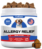 ColEaze Dog Allergy Chews packaging displays a full bottle indicating a convenient immune support solution