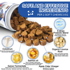 ColEaze dog allergy chews probiotics-omega-3 ingredient shot highlights gut and skin nourishment