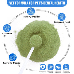 Coleaze dog teeth powder on dry food simplifies mixing for fresh breath.