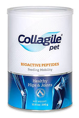Collagile pet powder jar closeup illustrating tasteless joint support for dogs.