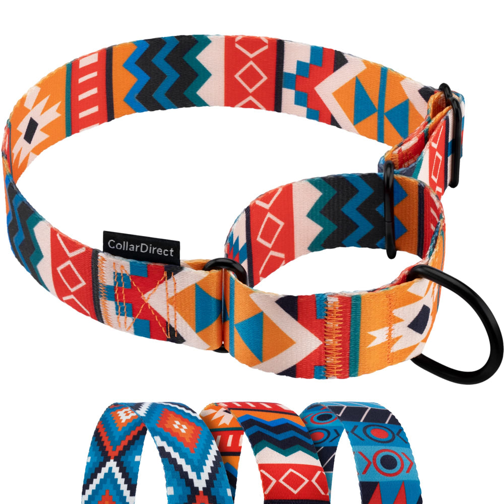 CollarDirect Aztec martingale tribal pattern closeup shows durable nylon for everyday wear.