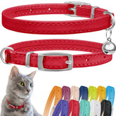 CollarDirect leather cat collar with bell in red—closeup shows durable stitching and visibility.