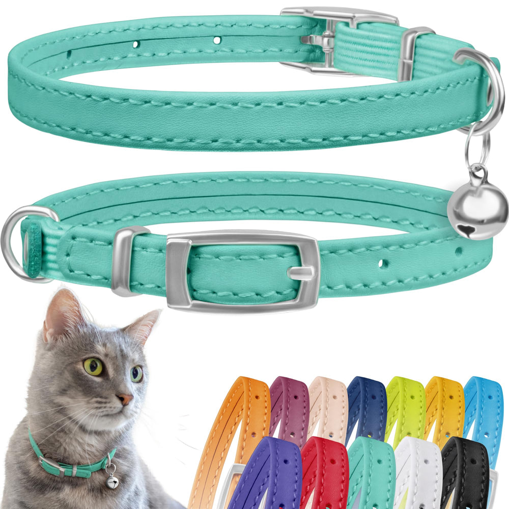 CollarDirect leather cat collar mint green bell closeup for visibility