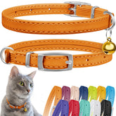 CollarDirect leather cat collar orange bell closeup showing durable stitching