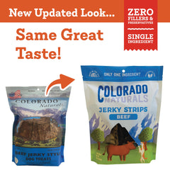 Colorado Naturals beef jerky strips dog snack portion; easy to break for dogs of all sizes.