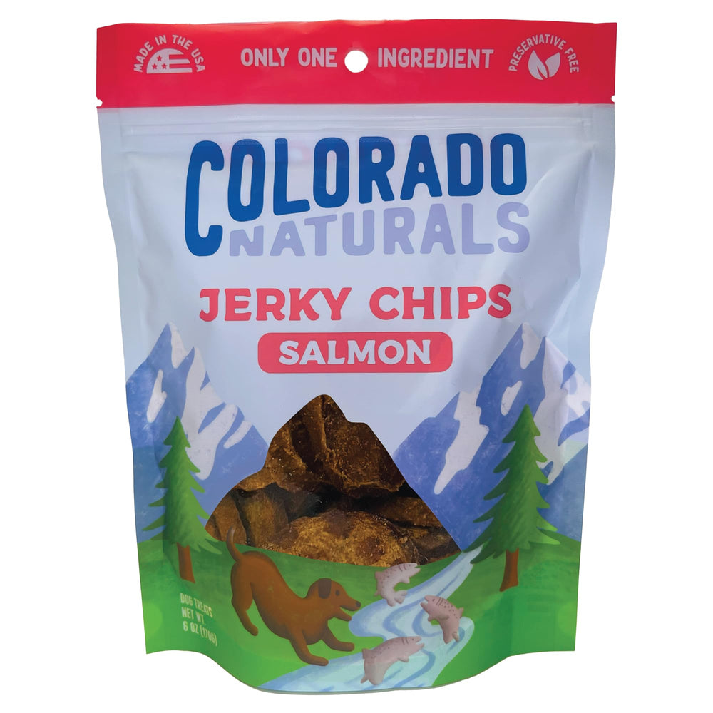 Colorado Naturals Salmon Jerky Chips pack highlighting USA-made, all-natural ingredients.