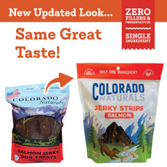 Colorado Naturals Salmon Jerky Strips close-up reveals omega-3 rich salmon texture for a tasty bite.