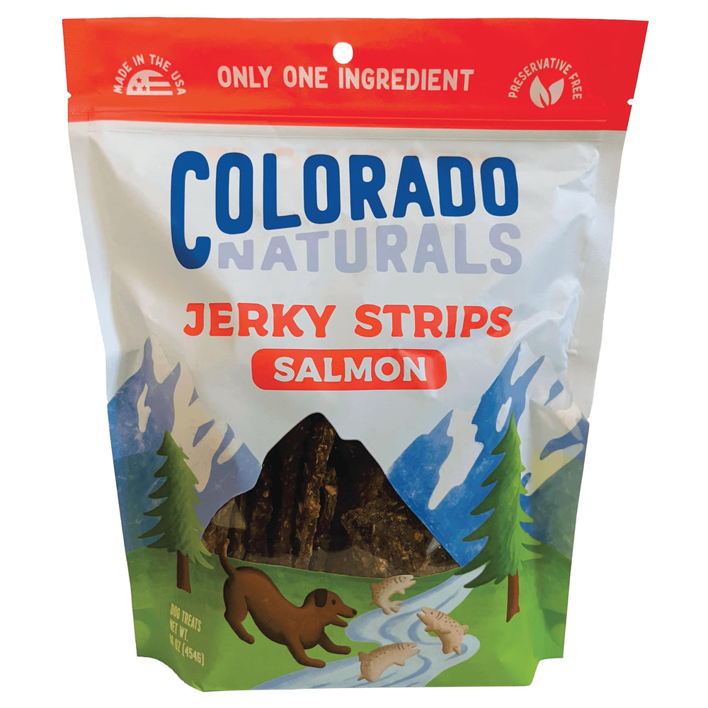 Colorado Naturals Salmon Jerky Strips packaging highlights USA-made, all-natural treats for happy dogs.