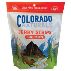 Colorado Naturals Salmon Jerky Strips packaging highlights USA-made, all-natural treats for happy dogs.