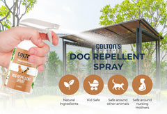 Colton's Naturals dog repellent on patio deters dogs from entering.