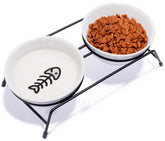 COMESOON elevated cat bowls on stainless stand showing ergonomic raised design for easier feeding