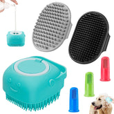 Comotech dog bath brush with foam dispenser for quick, foamy baths.