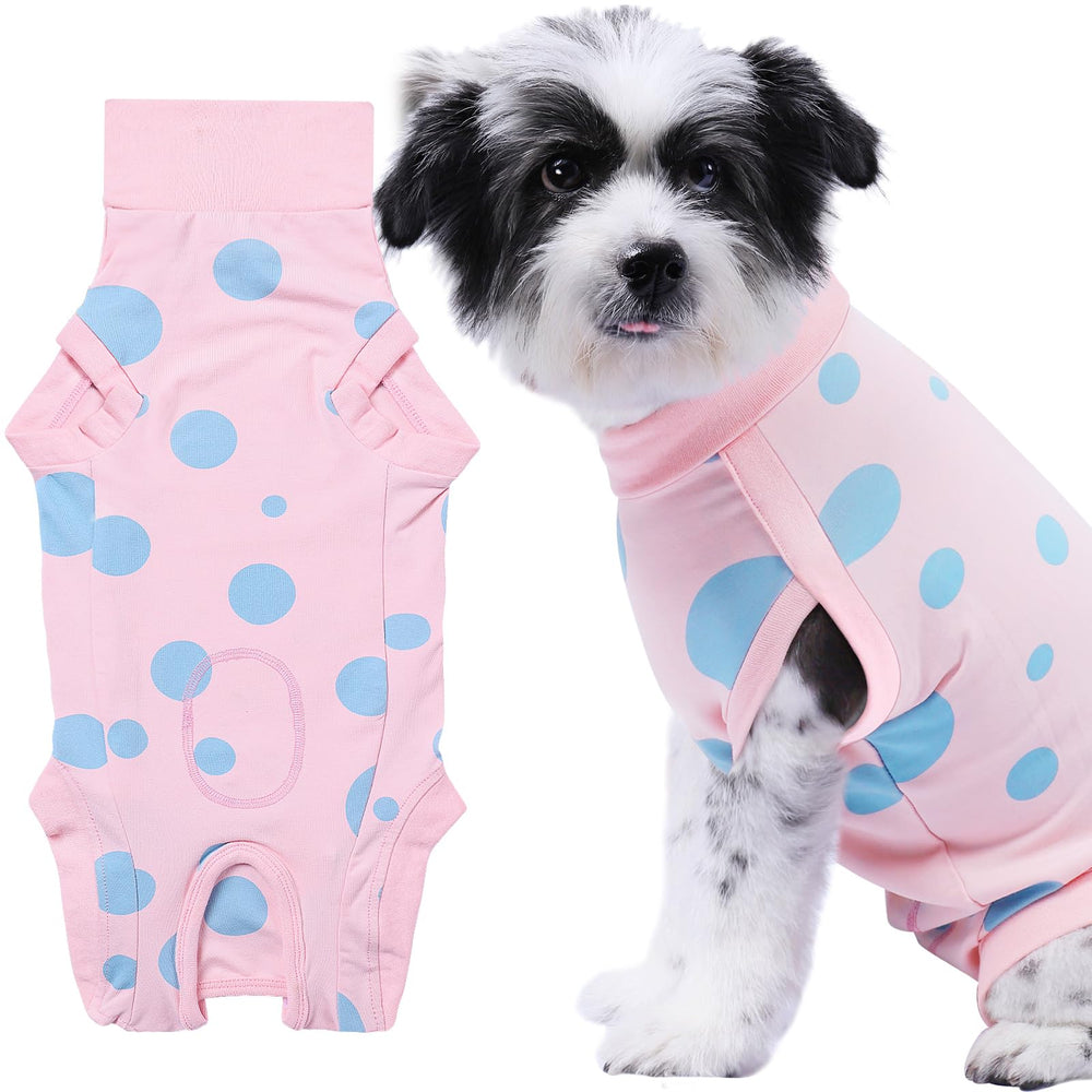 Comwish medium dog recovery suit pink side view highlighting breathable cotton for comfort.