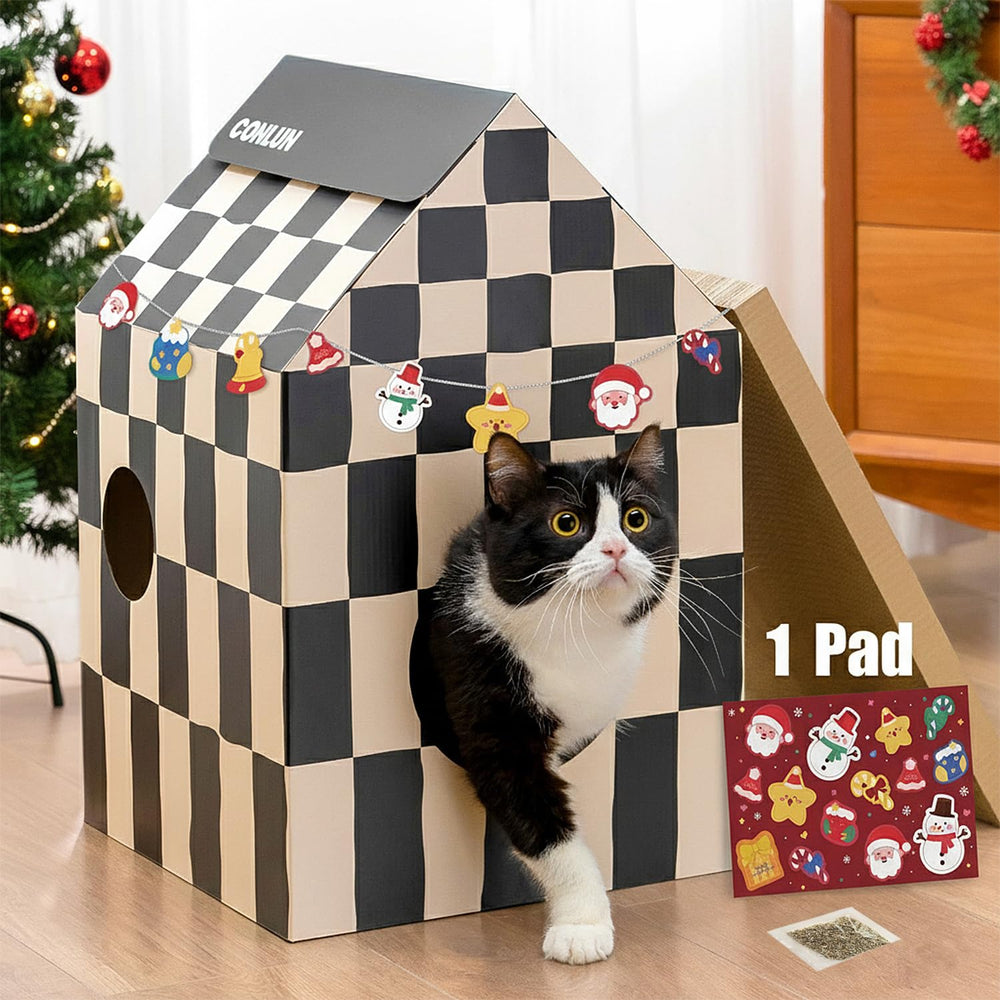 Conlun cardboard cat house front view shows durable construction with modern styling.