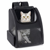 Conlun cat backpack left-side view highlights breathable mesh for pet comfort on trips.