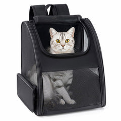 Conlun cat backpack left-side view highlights breathable mesh for pet comfort on trips.